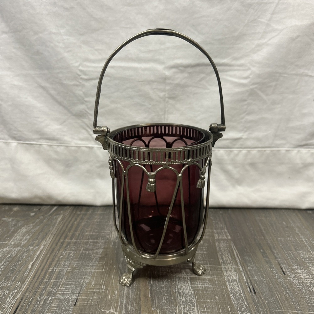 Purple Relish Glass Decorative Basket with Metal Holder Removable Insert Round